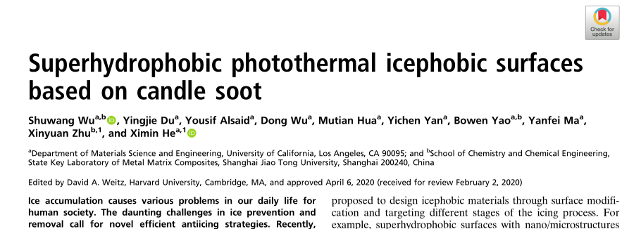 賀曦敏/朱新遠(yuǎn)《PNAS》：蠟燭煙灰高效除冰法! 零下50°不結(jié)冰! 光熱去冰自清潔! 