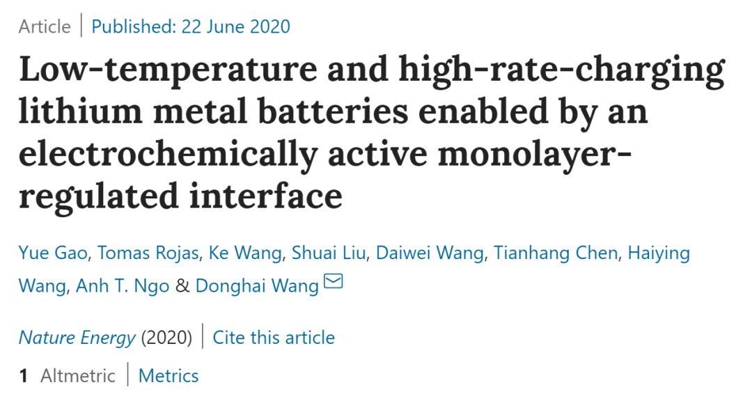?王東海團(tuán)隊(duì)《Nat. Energy》:低溫下高倍率充電鋰金屬電池