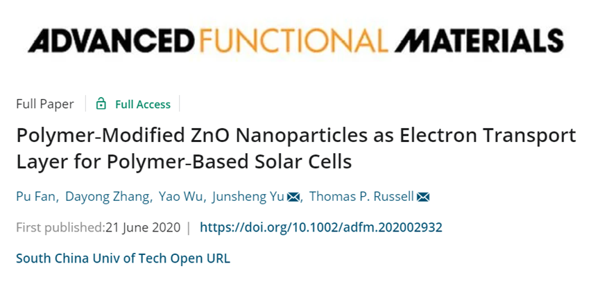 電子科技大學(xué)于軍勝團(tuán)隊(duì)《AFM》：聚合物修飾ZnO納米粒子作為聚合物基太陽能電池的電子傳輸層